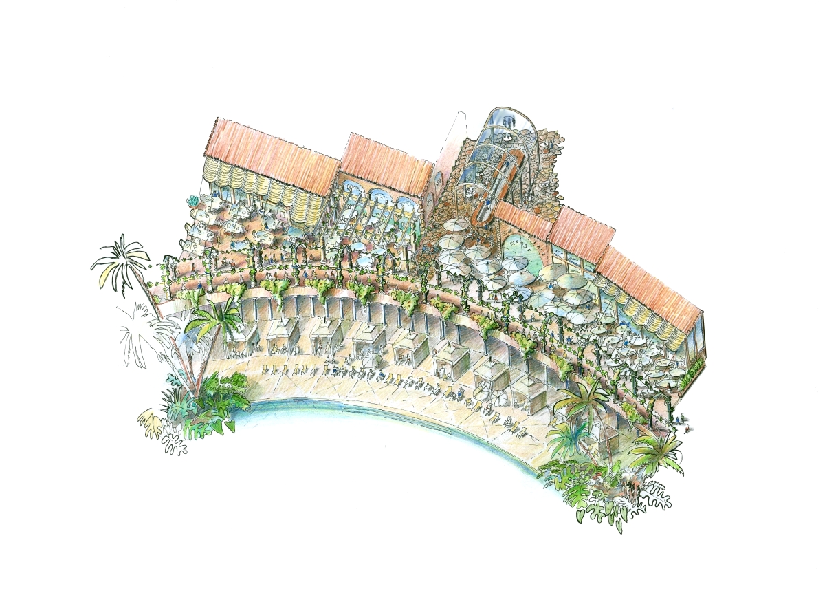 resort complex study, marker, colored pencil