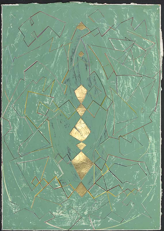GREEN FOUNTAIN, oil, gouache, ink, gold leaf on paper 30in by 42in