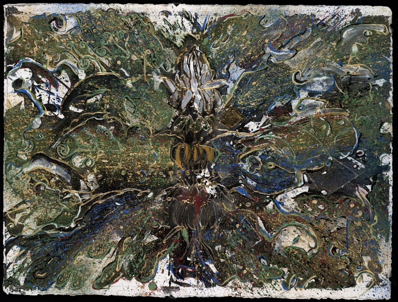 Nothing Grows Under Oaks, Novacolor, gouache, gold leaf on prepared Arches 300, 22x30in Nothing Grows Under Oaks, Novacolor, gouache, gold leaf on prepared Arches 300, 22x30in